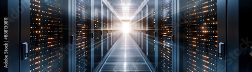 Wallpaper Mural Modern data center aisle with server racks on both sides and bright light at the end, symbolizing technology advancement and futuristic design. Torontodigital.ca