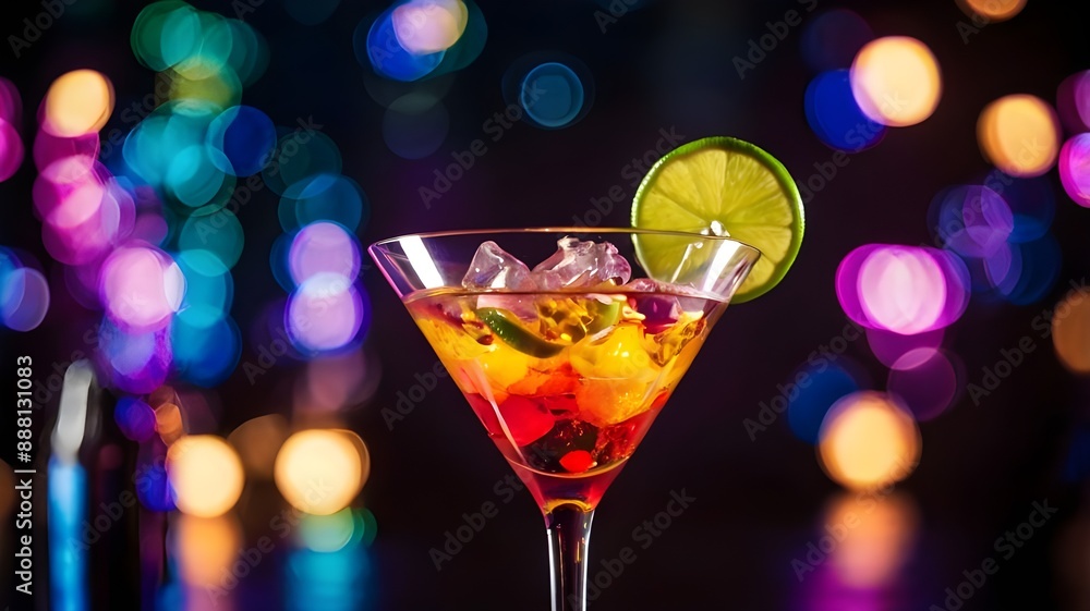 Cocktails on disco bokeh background. Cocktail and nightclub concept. Generative AI. Cocktails on disco bokeh background. Cocktail and nightclub concept. Generative AI.