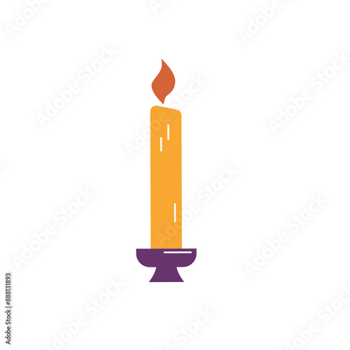 Burning candle on metal holder vector illustration, vintage glowing lit paraffin candlestick with fire flame isolated