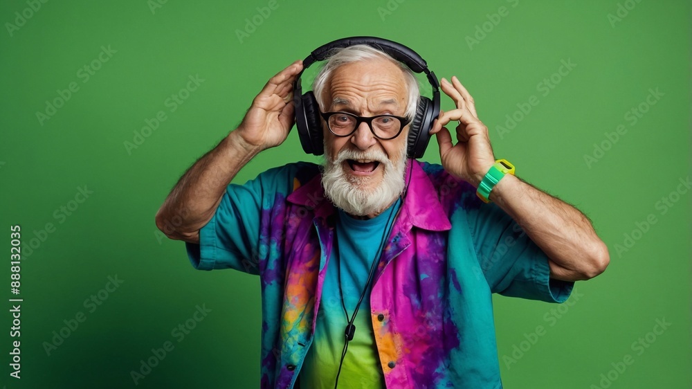 Cheerful old men. Grandparents in headphones enjoying life. space for text, messages. Cheerful old men. Grandparents in headphones enjoying life. space for text, messages.