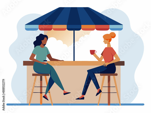 two girls seating on cafe with wooden bar counter. Coffee shop patio. Women drink tea and talking.