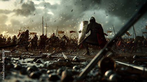 Epic medieval battle scene with armored knights clashing on a battlefield, dramatic sky in the background. Intense, cinematic, historical warfare. high quality