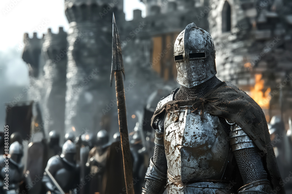 Medieval knight in armor guards a castle with other knights in the background, depicting historical warfare and chivalry. high quality Medieval knight in armor guards a castle with other knights in the background, depicting historical warfare and chivalry. high quality