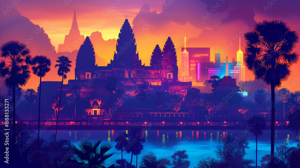 Naklejka premium The colorful of Angkor Wat, Cambodia isolation background, Illustration