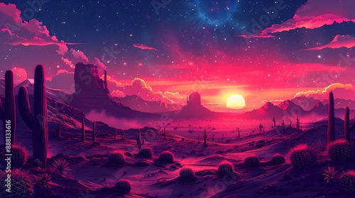 Vibrant Desert Sunset Landscape with Starry Night Sky and Mountainous Silhouettes