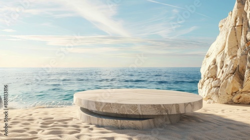 A summer beach with a calm tropical sea and smooth sand features an abstract stone podium, blending modern design with nature.