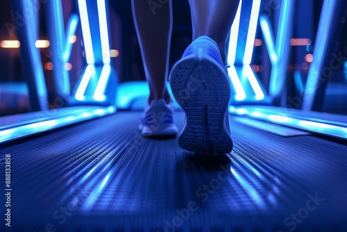 Walking down a neon-lit corridor with sci-fi vibes suggesting movement and futurity with a sneaker close up