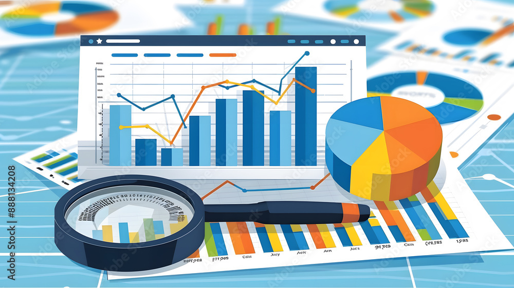 Obraz premium Businessman Analyzing Financial Charts, Data Dashboard - Magnifying Glass on Graphs, Diagrams, Statistics for Research, Optimization