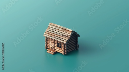 Bird's eye view of a tiny rustic cabin against a teal backdrop. photo