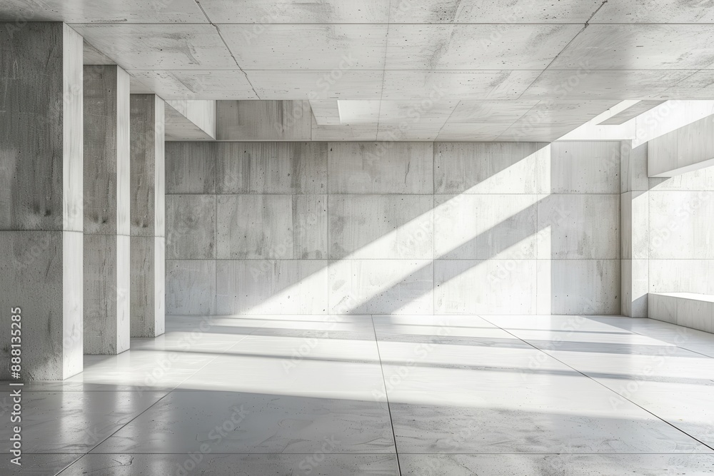 Roomy interior scene showcasing a vacant space with white cement walls and neat flooring Roomy interior scene showcasing a vacant space with white cement walls and neat flooring