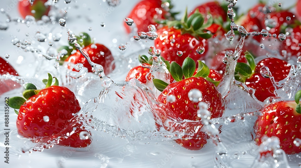 Fresh Strawberries Splashing into Water with High Energy Fresh Strawberries Splashing into Water with High Energy