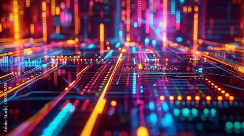 A floating graphics card with neon circuits and glowing components against a dark futuristic background