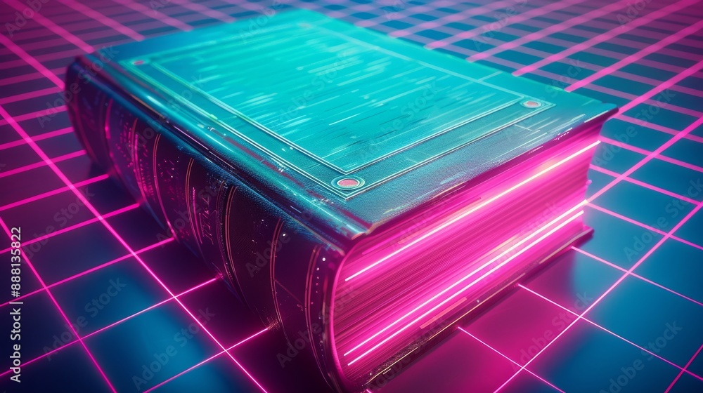 This retro futurism image features a glowing book seated on a reflective surface in front of a grid of glowing lines. This retro futurism image features a glowing book seated on a reflective surface in front of a grid of glowing lines.