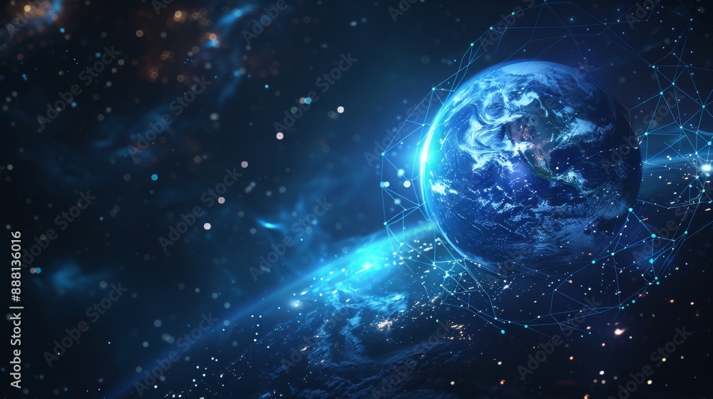 Obraz premium An abstract digital art of a glowing blue planet in space surrounded by energy waves and stars. Ideal for sci-fi themes, digital artwork, or content related to space.