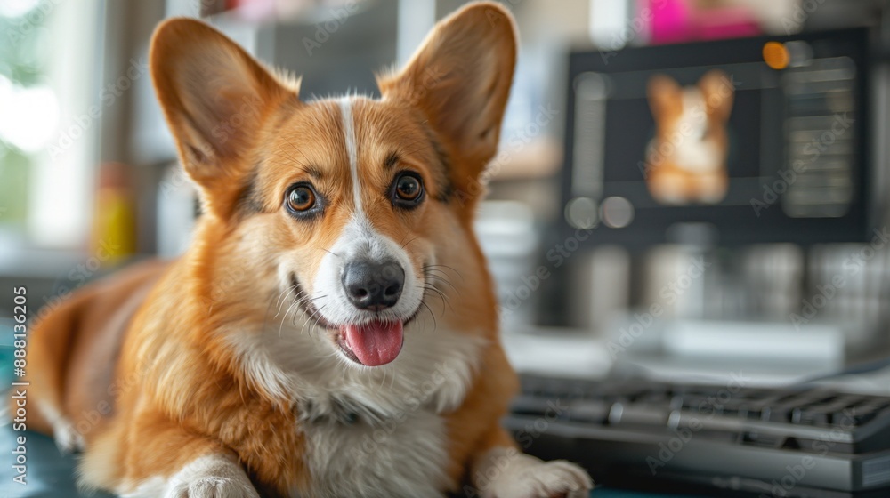 A cheerful corgi sitting on a desk next to a keyboard, with an out-of-focus monitor in the background. A cheerful corgi sitting on a desk next to a keyboard, with an out-of-focus monitor in the background.