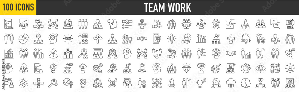 100 Team work icon set. Business Meeting, Achievement, Help, Efficiency, Solution, Workflow, Innovation, Partners, Team Building and Project collection.
100 Team work icon set. Business Meeting, Achievement, Help, Efficiency, Solution, Workflow, Innovation, Partners, Team Building and Project collection.
