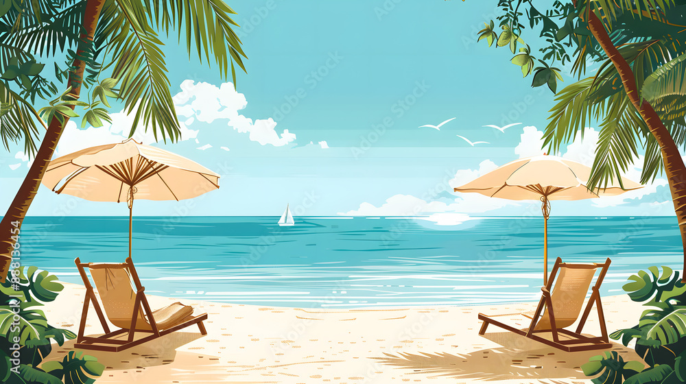 Fototapeta premium travel themed vector background tropical beach shades of sandy beige and ocean blue. a vector illustration of a tranquil beach scene with palm trees, turquoise waters, and sun loungers