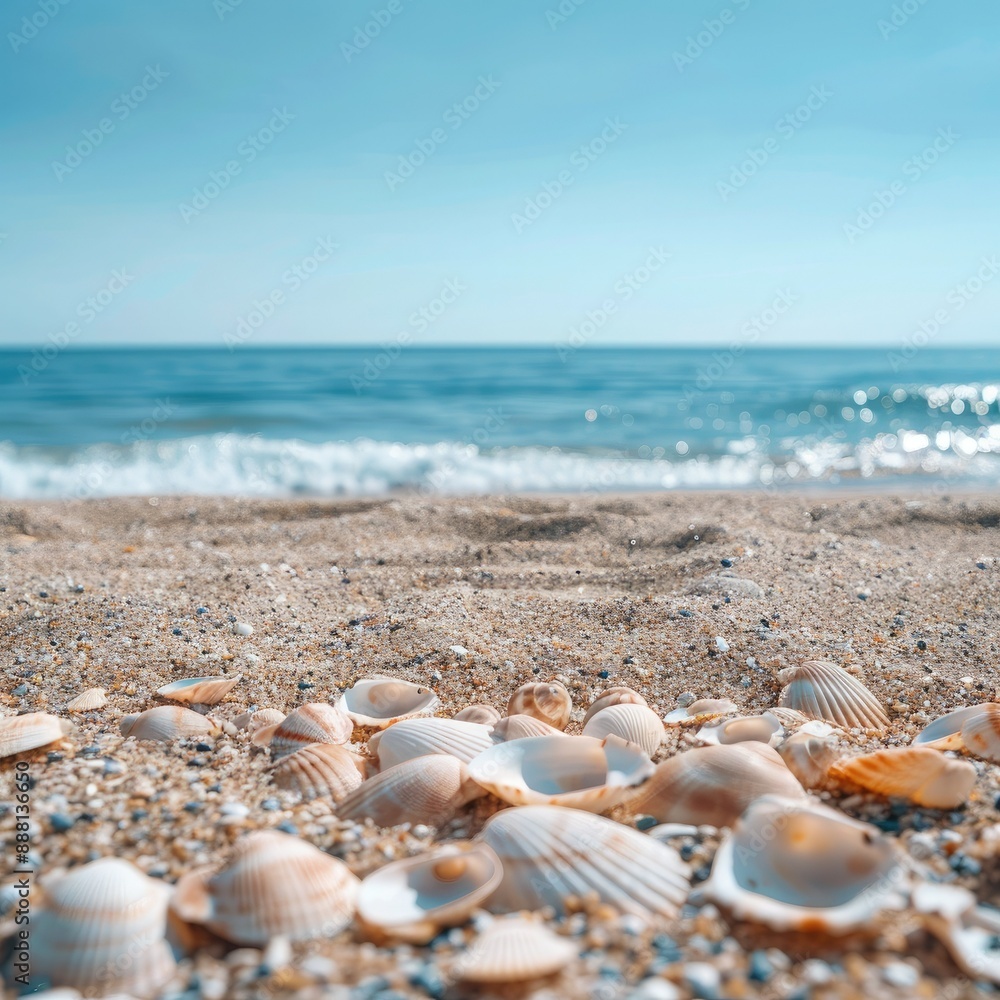 An empty beach with fine sand and a variety of shells near the water's edge. The calm summer sea is visible in the background, leaving ample copy space An empty beach with fine sand and a variety of shells near the water's edge. The calm summer sea is visible in the background, leaving ample copy space