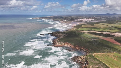 Aerial panoramic view of Vila Nova de Milfontes and Mira River. Fishermens Trail, Portugal