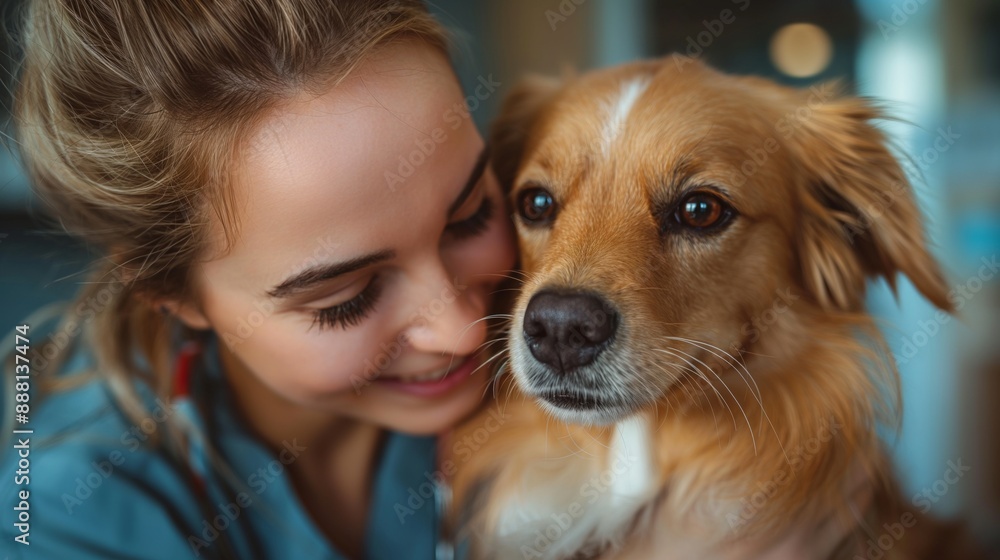 A woman smiling affectionately at her dog, showcasing a deep bond and mutual affection. A woman smiling affectionately at her dog, showcasing a deep bond and mutual affection.