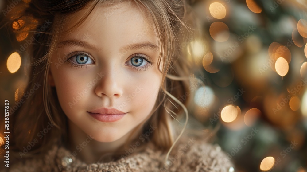 Close-up of a young girl with blue eyes and holiday lights bokeh in the background. Close-up of a young girl with blue eyes and holiday lights bokeh in the background.