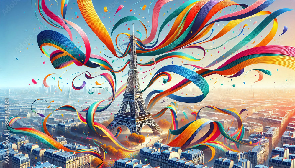 Fototapeta premium Celebratory Ribbons Dance Around The Eiffel Tower for Paris 2024 Olympics