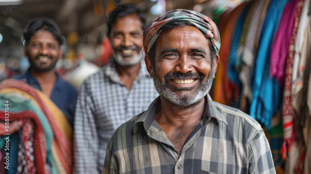 happy indian textile worker group standing together happy indian textile worker group standing together