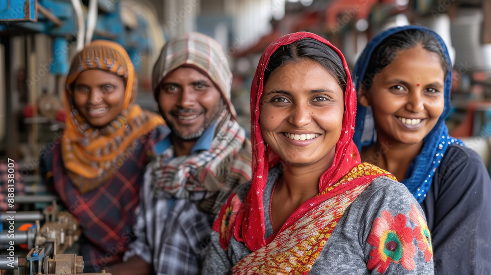 happy indian textile worker group standing together happy indian textile worker group standing together