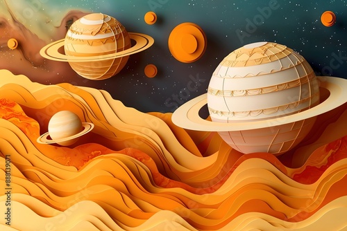 Illustrate a detailed paper cut scene of Jupiter s moons orbiting the gas giant, with particular attention to the volcanic moon Io. photo