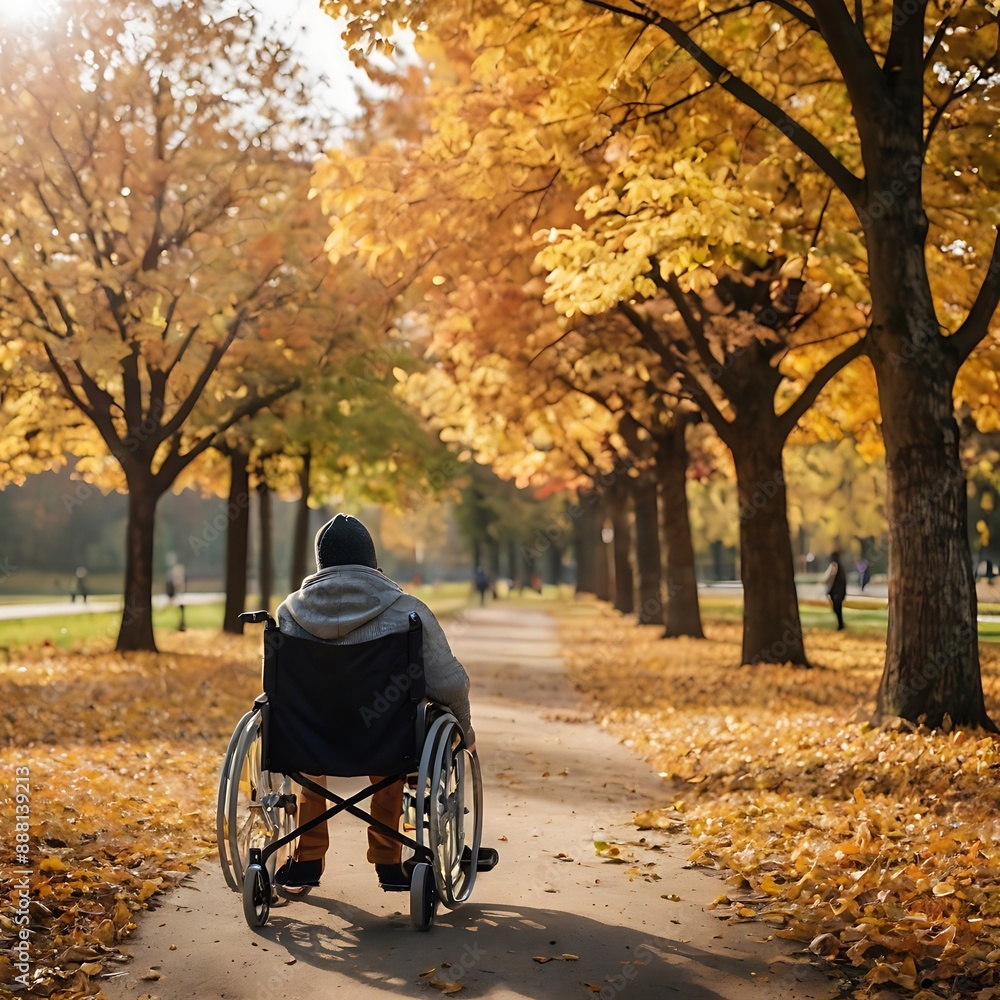 Person enjoying a walk in an autumn park sitting on wheel chair Person enjoying a walk in an autumn park sitting on wheel chair