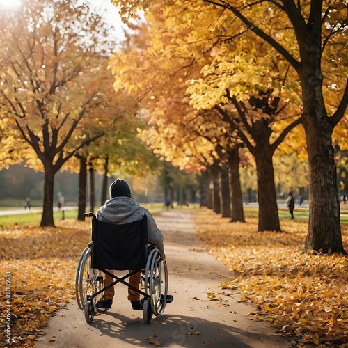 Wallpaper Mural Person enjoying a walk in an autumn park sitting on wheel chair Torontodigital.ca