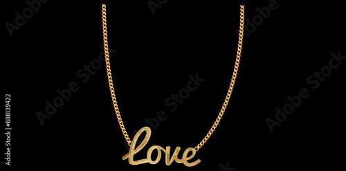 Golden Jewelry Necklace With Love Sign On Black Background. 