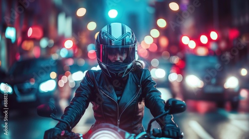dynamic dieselpunk portrait of a street racer, with a helmet and leather jacket, set against a backdrop of roaring engines and city lights, embodying the thrill of speed and technology
