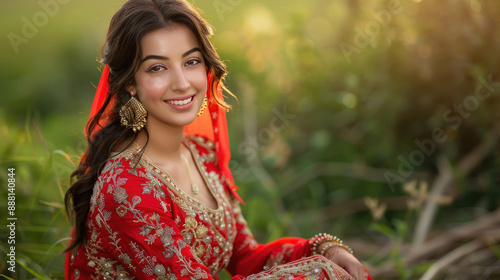 young indian woman wearing red salwar kamiz photo