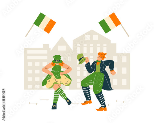 Vector illustration St. Patrick's Day with a dancing girl and a guy in national costumes