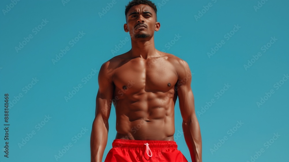 A topless male athlete stands in red shorts against a bright blue sky A topless male athlete stands in red shorts against a bright blue sky