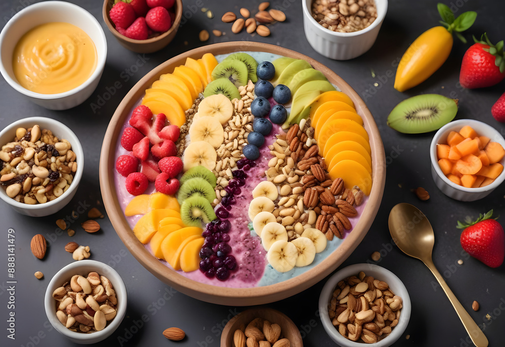 A cozy smoothie bowl café, the counter showcasing an array of bowls bursting with a rainbow of ripe fruits, crunchy nuts, and nutrient-dense seeds, inviting customers to indulge in a visually stunning A cozy smoothie bowl café, the counter showcasing an array of bowls bursting with a rainbow of ripe fruits, crunchy nuts, and nutrient-dense seeds, inviting customers to indulge in a visually stunning