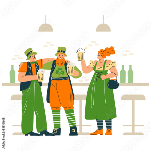 People wearing a green traditional Irish costume holding mug of beer, Leprechaun celebration St. Patrick's day vector
