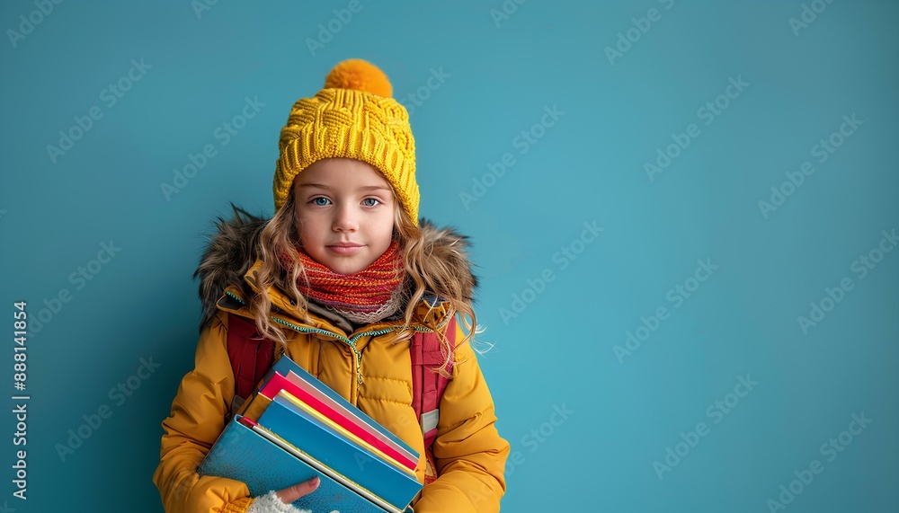 Child holding notebooks for back to school season. Cute child with backpack and books isolated on blue background as concept for back to school. Girl with school supplies in her hands Child holding notebooks for back to school season. Cute child with backpack and books isolated on blue background as concept for back to school. Girl with school supplies in her hands