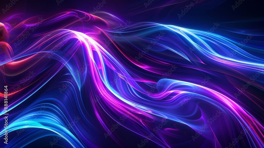Abstract background with neon blues purples curved shapes and glowing trails Abstract background with neon blues purples curved shapes and glowing trails