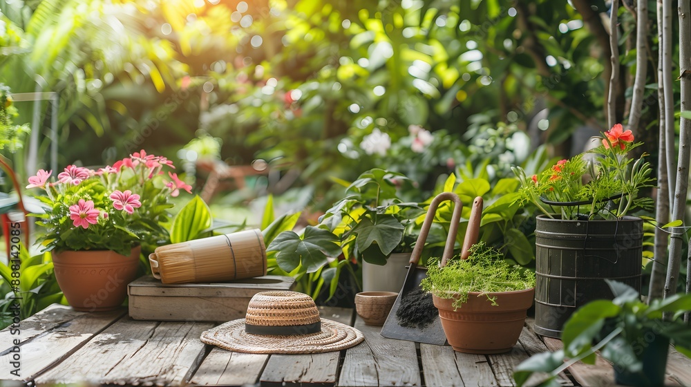 Gardening - Set Of Tools For Gardener And Flowerpots In Sunny Garden Gardening - Set Of Tools For Gardener And Flowerpots In Sunny Garden