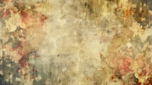 Abstract background with aged paper textures floral patterns and earthy colors