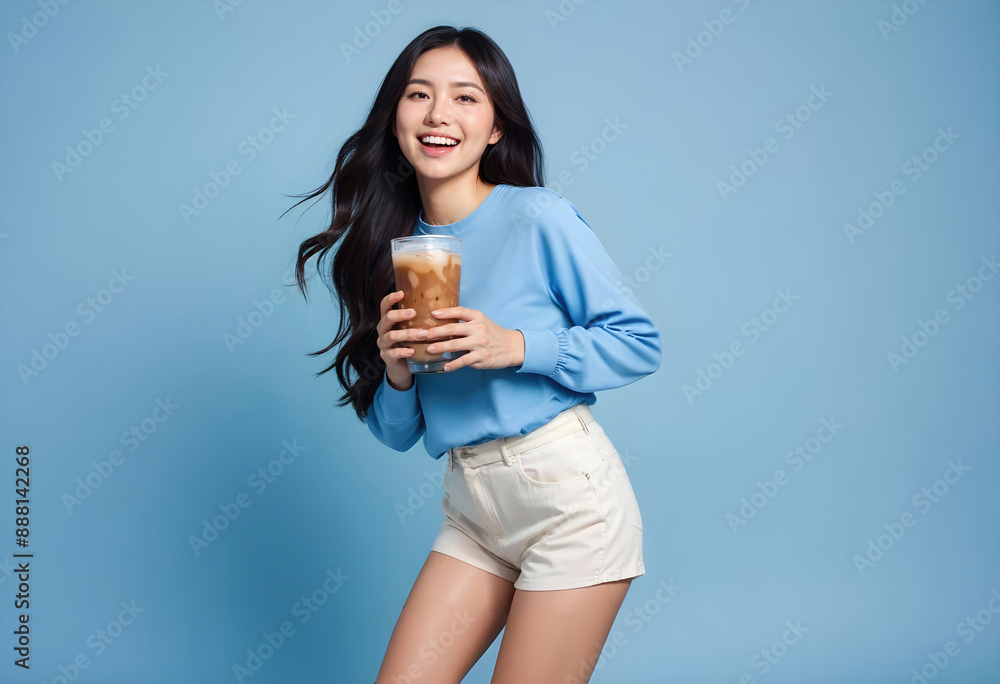 Asian Woman Wearing Blue T-Shirt Holding Coffee Cup Asian Woman Wearing Blue T-Shirt Holding Coffee Cup