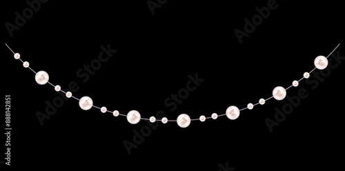 Stunning Pearl Necklace On Black Background, Vintage Jewelry Beads Garland Vector Illustration.	