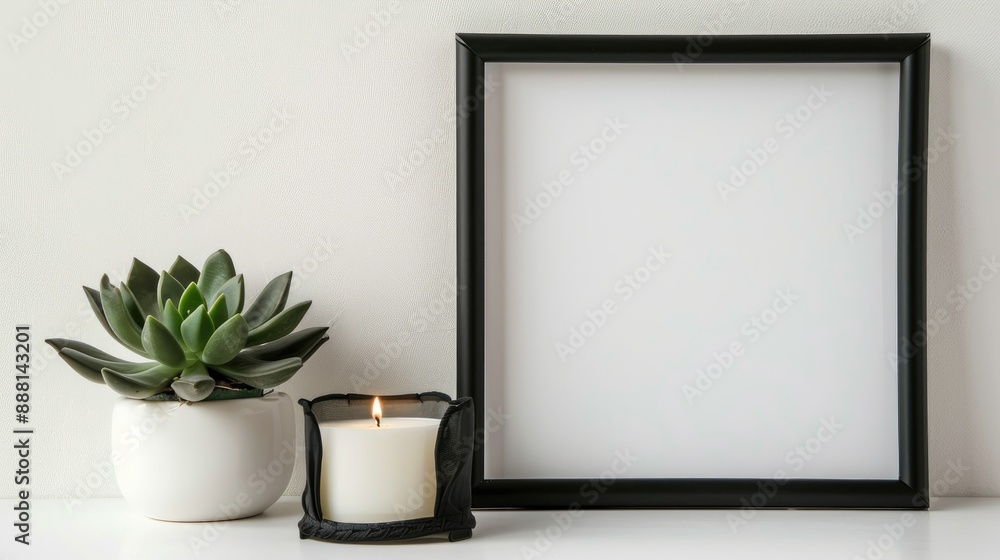 Succulent plant and candle in black frame mockup on white table Portrait orientation Succulent plant and candle in black frame mockup on white table Portrait orientation