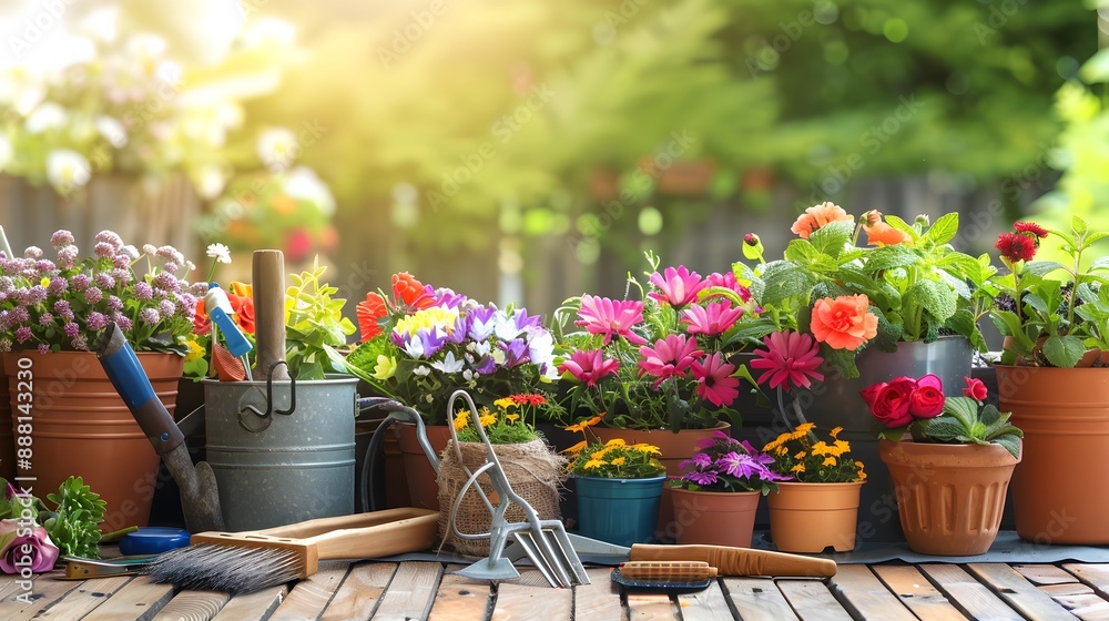 Gardening - Set Of Tools For Gardener And Flowerpots In Sunny Garden Gardening - Set Of Tools For Gardener And Flowerpots In Sunny Garden