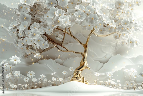 Detailed 3D wallpaper with a tree, white flowers, gold branches, light background, in relief sculpture style.