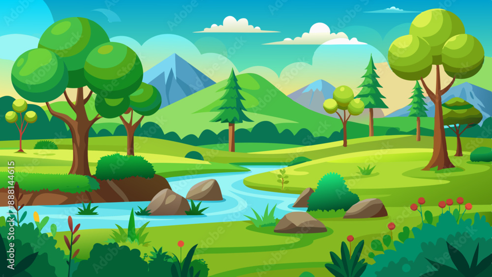 Nature landscape with mountains, green grass and trees vector illustration
Nature landscape with mountains, green grass and trees vector illustration