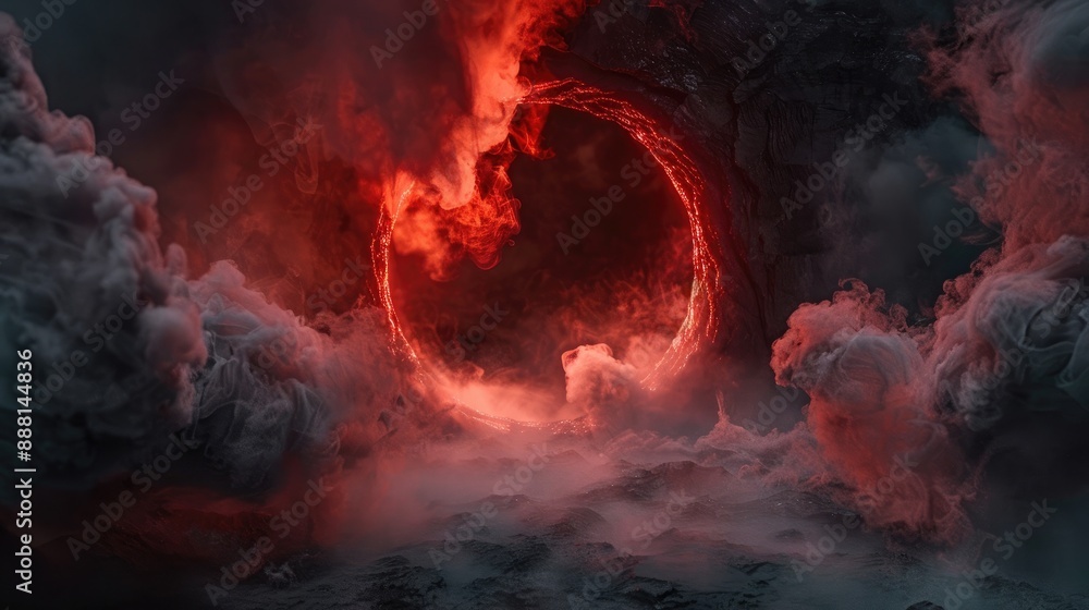 Fototapeta premium Thick billows of smoke erupting from a circular void, illuminated by ominous red glows, creating a spine-chilling and eerie atmosphere perfect for a spooky Halloween background.