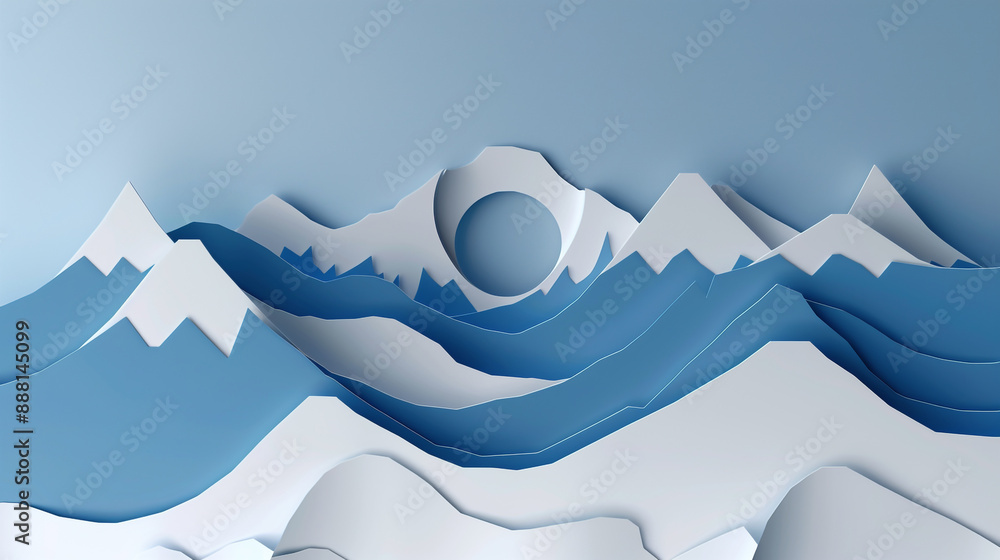 Panorama of the vast mountain range. Paper cut style. Layers of paper with different color tones to show the depth and distance of the mountain. Panorama of the vast mountain range. Paper cut style. Layers of paper with different color tones to show the depth and distance of the mountain.
